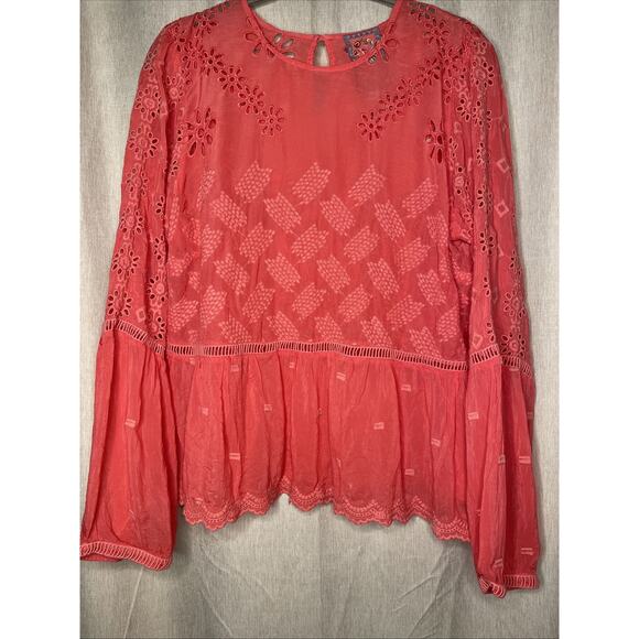 Johnny Was Tops - Johnny Was Top Medium Long Sleeve - Pink -Embroidered Eyelet Boho Romantic Artsy